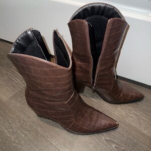 Brown Croc-Embossed Ankle Boots